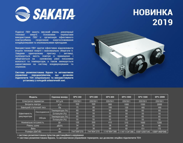 Приточно-вытяжная установка SAKATA SPV-800 СОЛЕНСИ