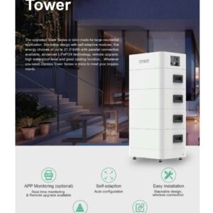 Високовольтний літієвий акумулятор Dyness Tower, з ємністю 7,1-21,3 кВт·год та номінальною напругою 192-576 В, у модульній конфігурації для масштабованого зберігання енергії.